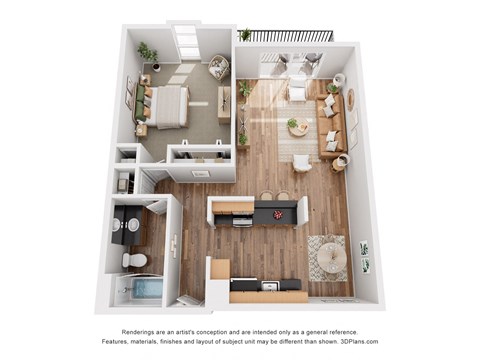 Floor plan for 1 bed, 1 bath, 726 sqft